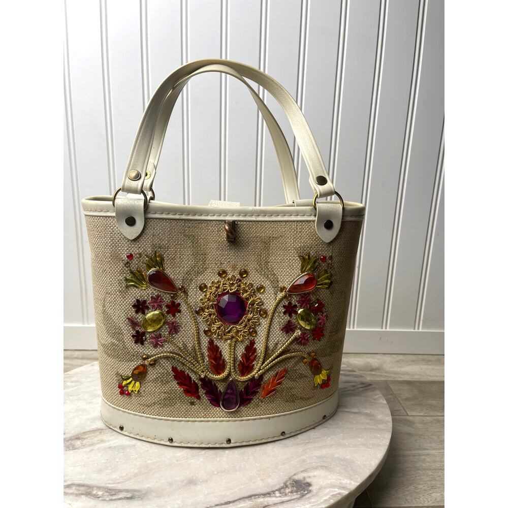 Handbag Wood Base Canvas Enid Collins Jewel Garden Sophistikit  60s Vintage